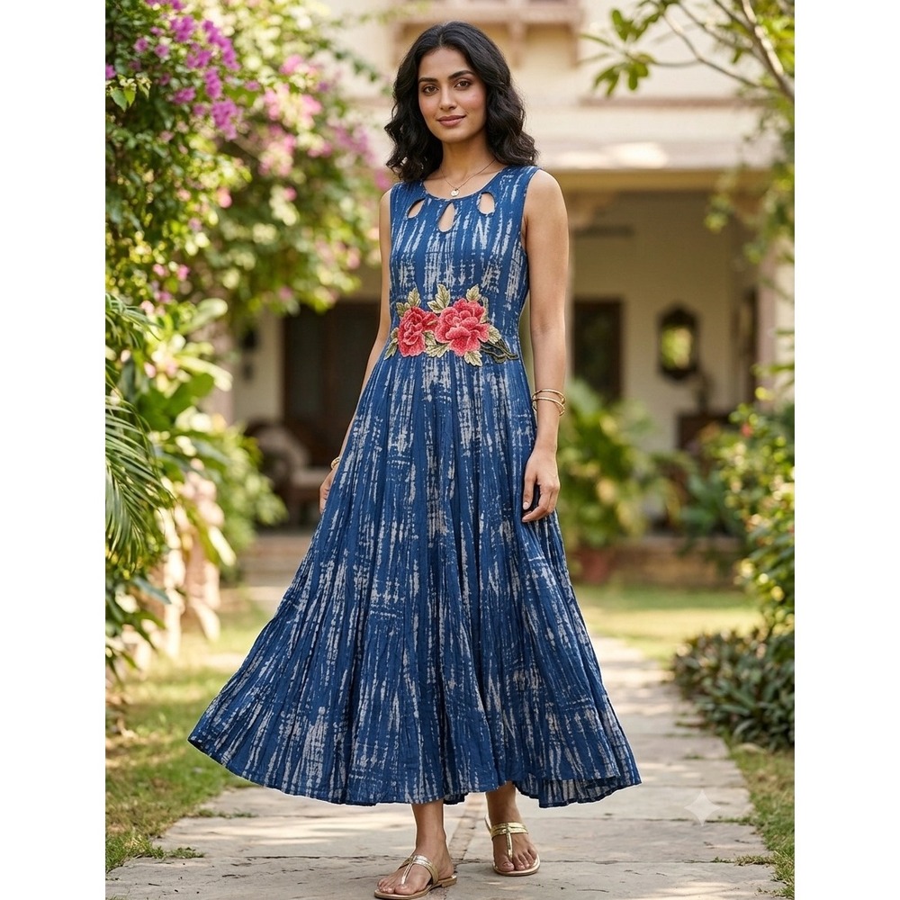 Neeru Kumar Dress Sz S Blue Tie Dye Shibori Sleeveless Embroidered Floral Cutout